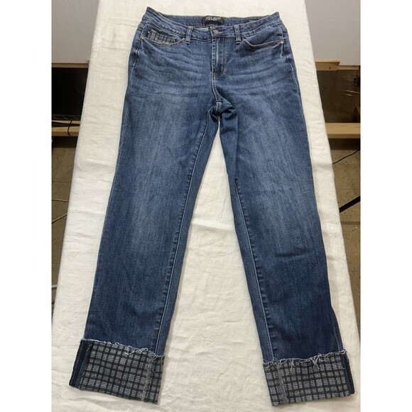 Judy Blue Denim - Judy Blue Jeans Cut Off Plaid Cuff Hem Mid Rise Slim Fit JB88358 Size 7/28
